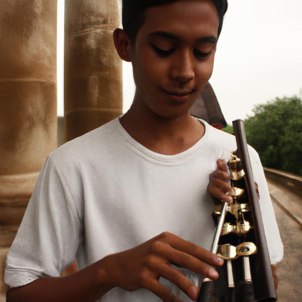 Person playing musical instrument, smiling